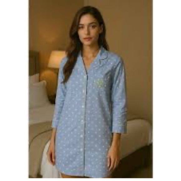 LRL Sleep Shirt M Blue Flannel Polka Dot Lauren Ralph Lauren Soft Logo Lounge - Picture 10 of 10